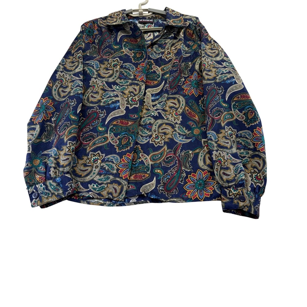 Notations Blouse Womens M Blue Paisley Button Up Long Sleeve Vintage Style Top